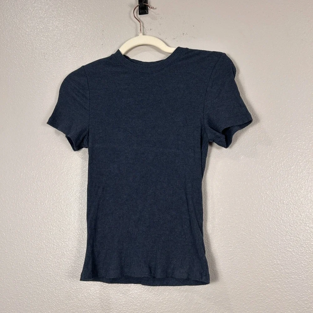 prAna Womens Ribbed Short Sleeve Crew Neck Tee Navy Blue Slim Fit XS